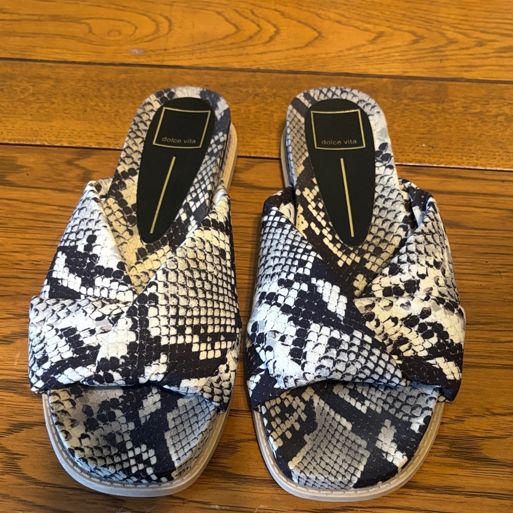 Dolce Vita Garit Black and Cream Snakeskin Slides